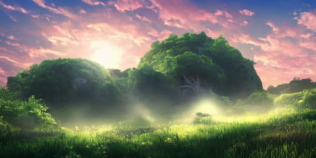 Image similar to round white dome on a hillside, by a river and fields, dreamy, sunset, volumetric lighting, Studio Ghibli