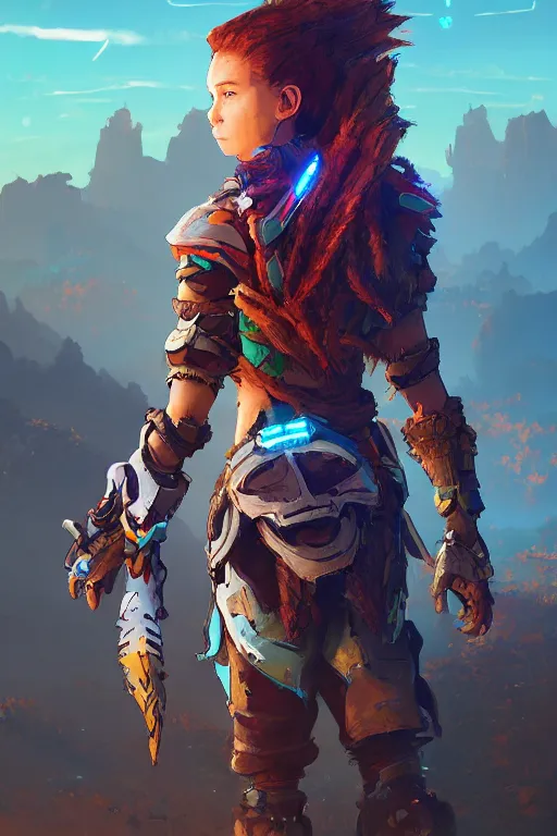 Image similar to combination suit armor aloy horizon forbidden west horizon zero dawn radiating a glowing aura global illumination ray tracing hdr fanart arstation by ian pesty and alena aenami artworks in 4 k tribal robot ninja mask helmet backpack