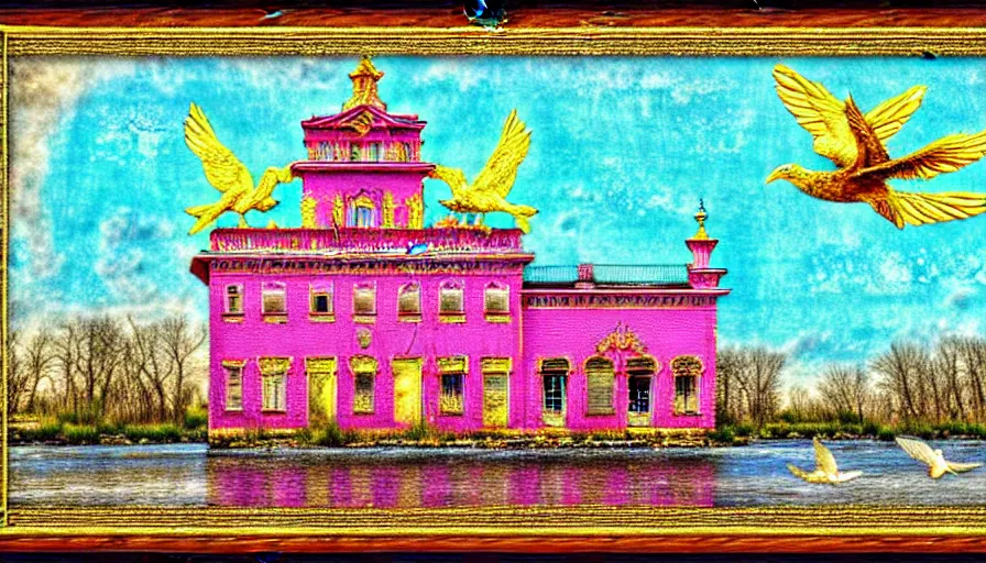 Prompt: HDR high resolution. a stand-alone building along a river, seen from the long distance. maximalist mixed media paper and baroque embroidery fabric collage. huge flamish baroque birds flying. childrenbook illustration in pastel tones. matte background. HD 8x