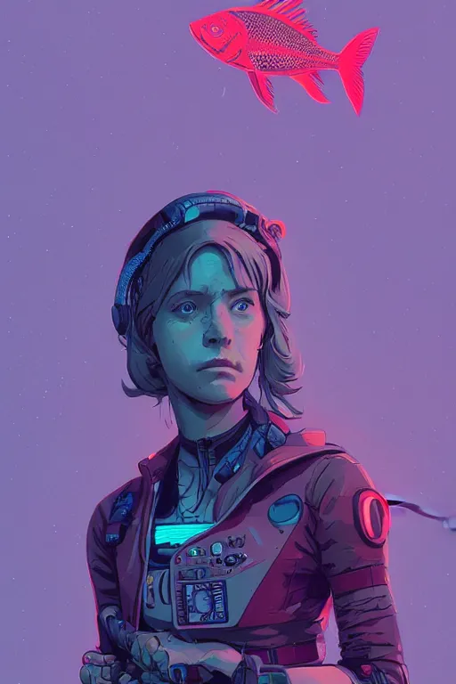 Image similar to portrait of a girl with a biomechanic scale fish and neon light by Laurie Greasley and Greg Rutkowski , digital painting, highly detailed, trending on artstation