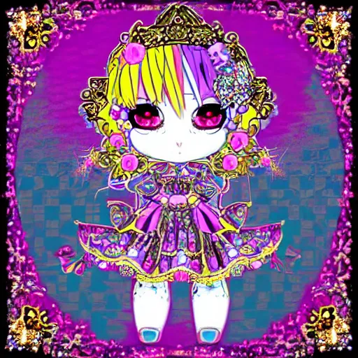 Image similar to baroque bedazzled gothic royalty frames surrounding a pixelsort emo demonic horrorcore japanese beautiful jester decora moe doll, low quality sharpened graphics, remastered chromatic aberration, detailed maximalist sanrio art