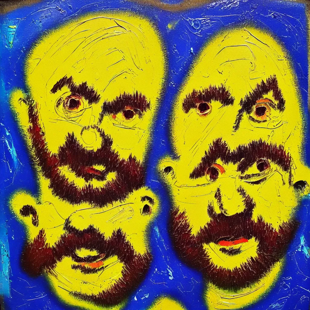 Image similar to happy face in the style of Jackson Pollack, with lots of stumbling, stumbled thick oil paint and painted in a style of painting similar to Van Gogh but more impasto and less hatching