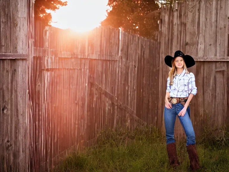 Prompt: real professional photo of a cowgirl wearing a hat in the sunset. She has a plaid shirt on. She is leaning against the fence. There is a barn in the background