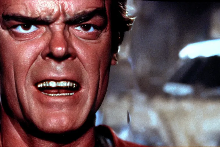 Prompt: Jack Nicholson plays Terminator, his eye glow red, still from the film