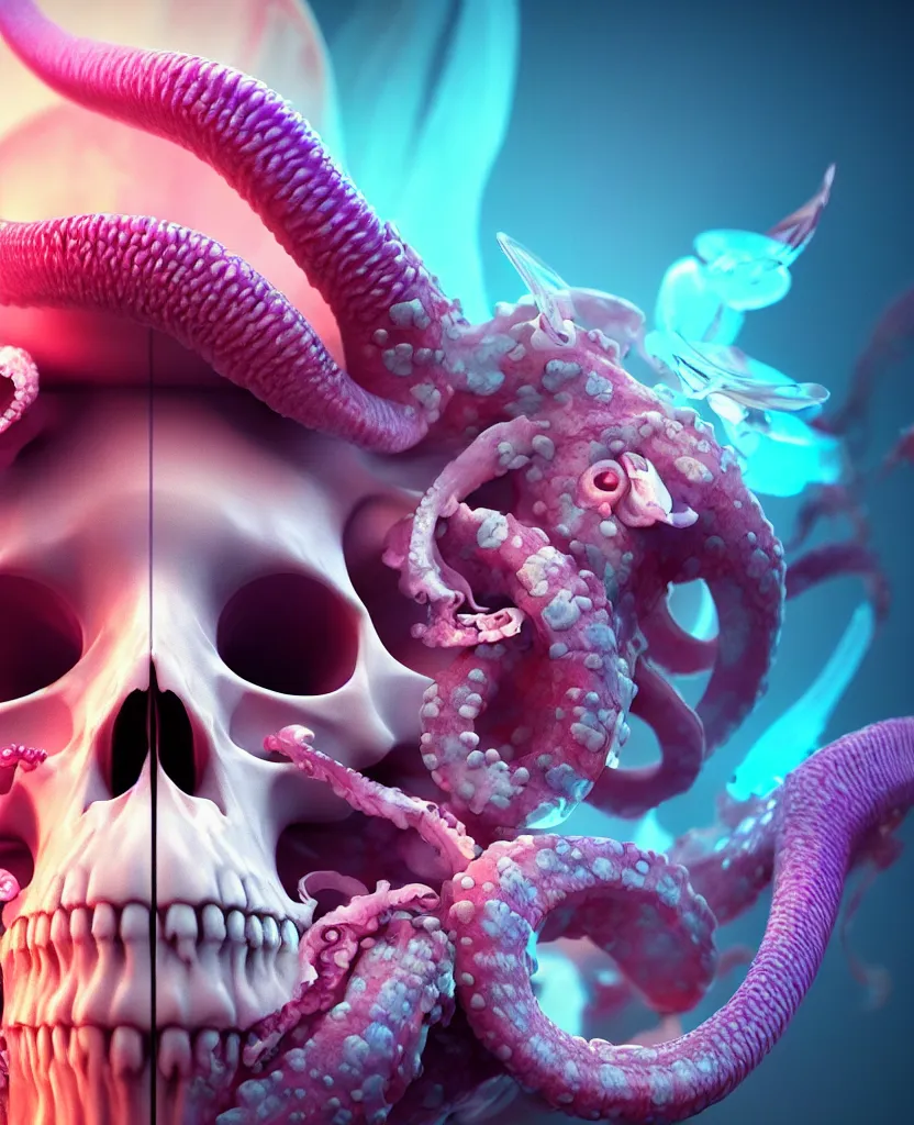 Image similar to goddess close - up portrait human skull, ram skull, squid phoenix jellyfish, orchid, betta fish, bioluminiscent, intricate artwork by tooth wu and wlop and beeple. octane render, trending on artstation, greg rutkowski very coherent symmetrical artwork. cinematic, hyper realism, high detail, octane render, 8 k