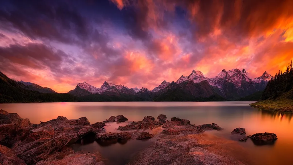 Image similar to amazing landscape photo of mountains with lake in sunset by marc adamus, beautiful dramatic lighting