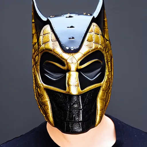 Image similar to luxury crocodile leather batman mask with golden seams, luxury item showcase, studio lighting