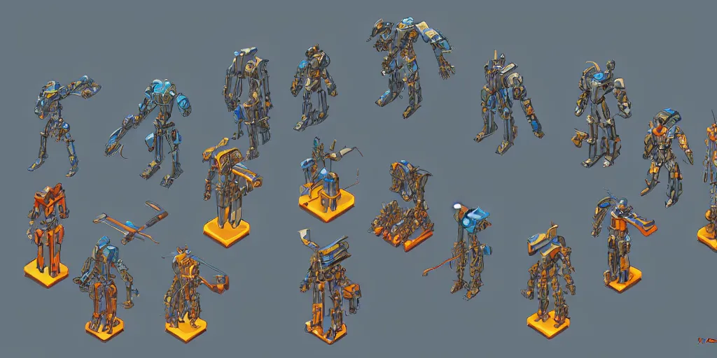 Prompt: isometric mecha character design, idle, colored, sprite, pc game, sideview, art by moebius and greg rutkowski.