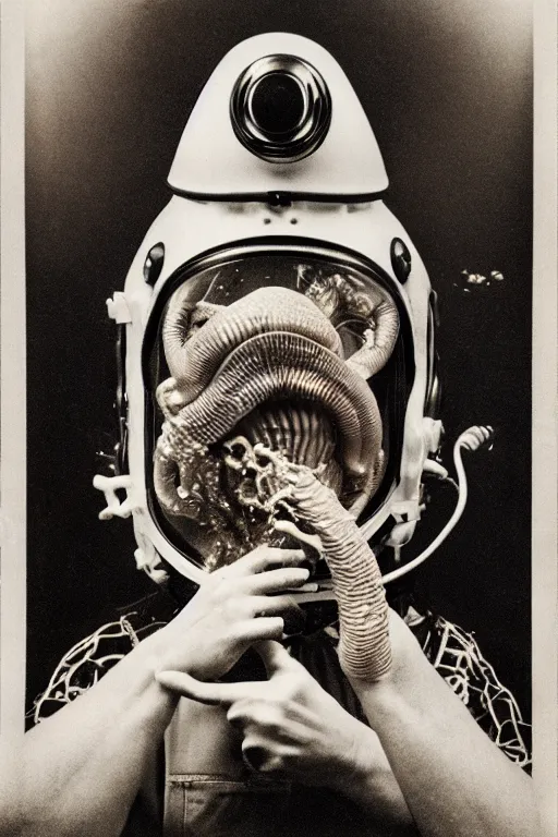 Image similar to extremely detailed studio portrait of space astronaut, alien tentacle protruding from eyes and mouth, slimy tentacle breaking through helmet visor, shattered visor, full body, soft light, disturbing, shocking realization, award winning photo by diane arbus