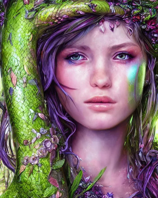 Image similar to portrait high definition photograph cute girl fantasy character art, hyper realistic, pretty face, hyperrealism, iridescence water elemental, snake skin armor forest dryad, woody foliage, 8 k dop dof hdr fantasy character art, by aleski briclot and alexander'hollllow'fedosav and laura zalenga