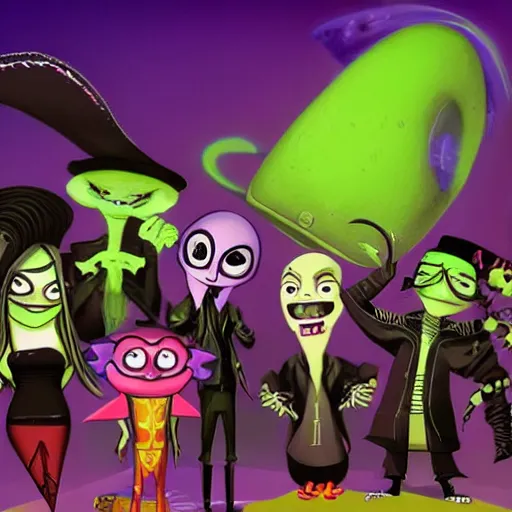 Image similar to psychic punk rocker vampiric electrifying rockstar with vampire squid head concept character designs of various shapes and sizes by genndy tartakovsky and splatoon by nintendo and the psychonauts franchise by doublefine tim shafer artists as well as the artist for the haunted mansion ride characters for the new hotel transylvania film