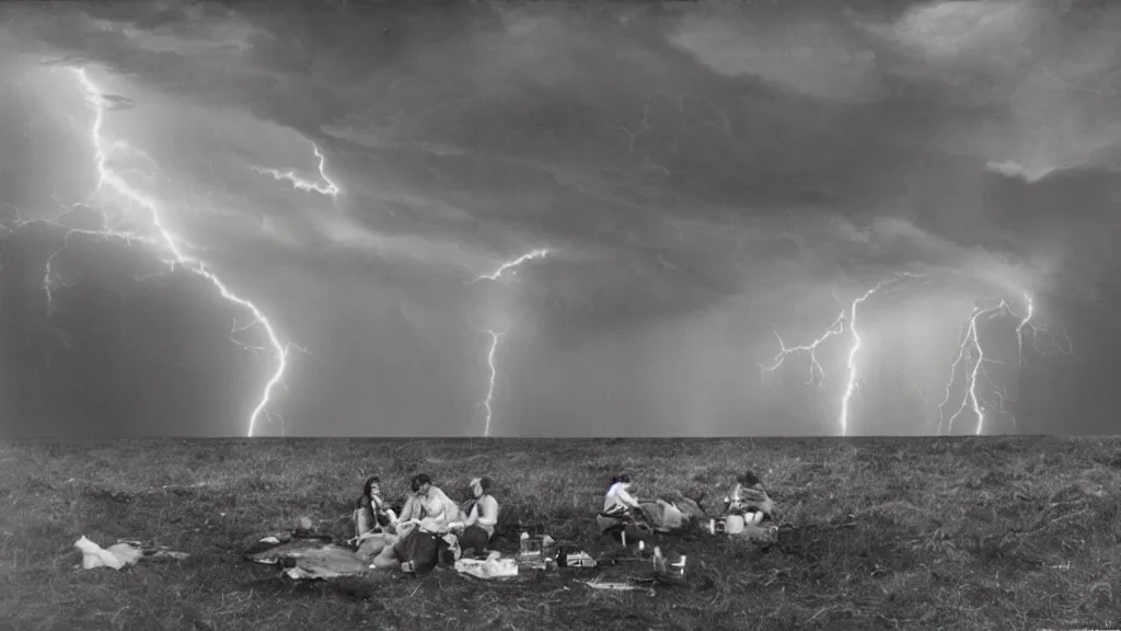 Prompt: a vision of climate change catastrophe, lightning, tornado, hurricane, hailstorm, gale-force winds, floods, as seen by a couple having picnic in a park, moody and dark large-format photography