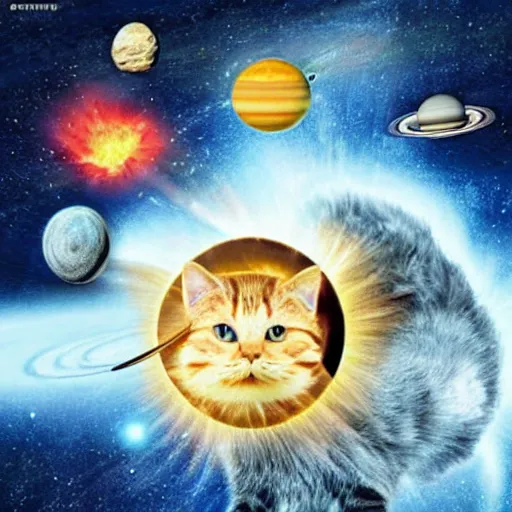 Prompt: the solar system exploded and a cat was blown away