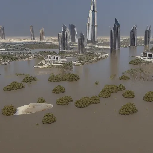 Prompt: dubai completely flooded, aftermath of a tsunami, perspective from a balcony, 4k, photorealistic, octane