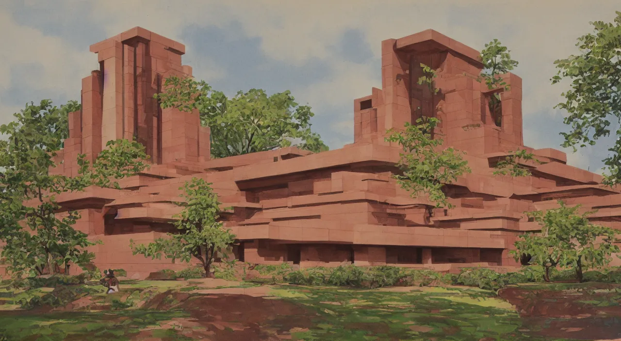 Image similar to gouache by james gurney. building designed by frank lloyd wright