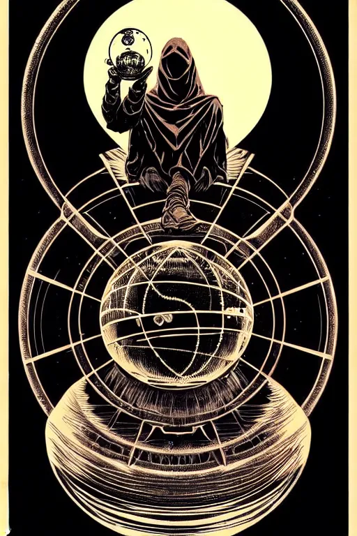 Image similar to sitting cloaked steampunk wizard holding crystal ball, high details, intricately detailed, by vincent di fate, inking, 3 color screen print, masterpiece, trending on artstation,, sharp, details, hyper - detailed, hd, 4 k, 8 k