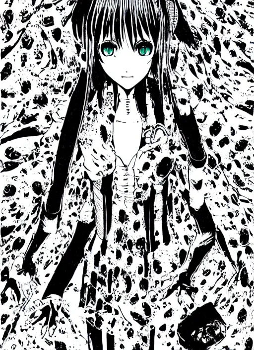 Image similar to hatsune miku by junji ito and kentaro miura, horror manga, detailed, eerie