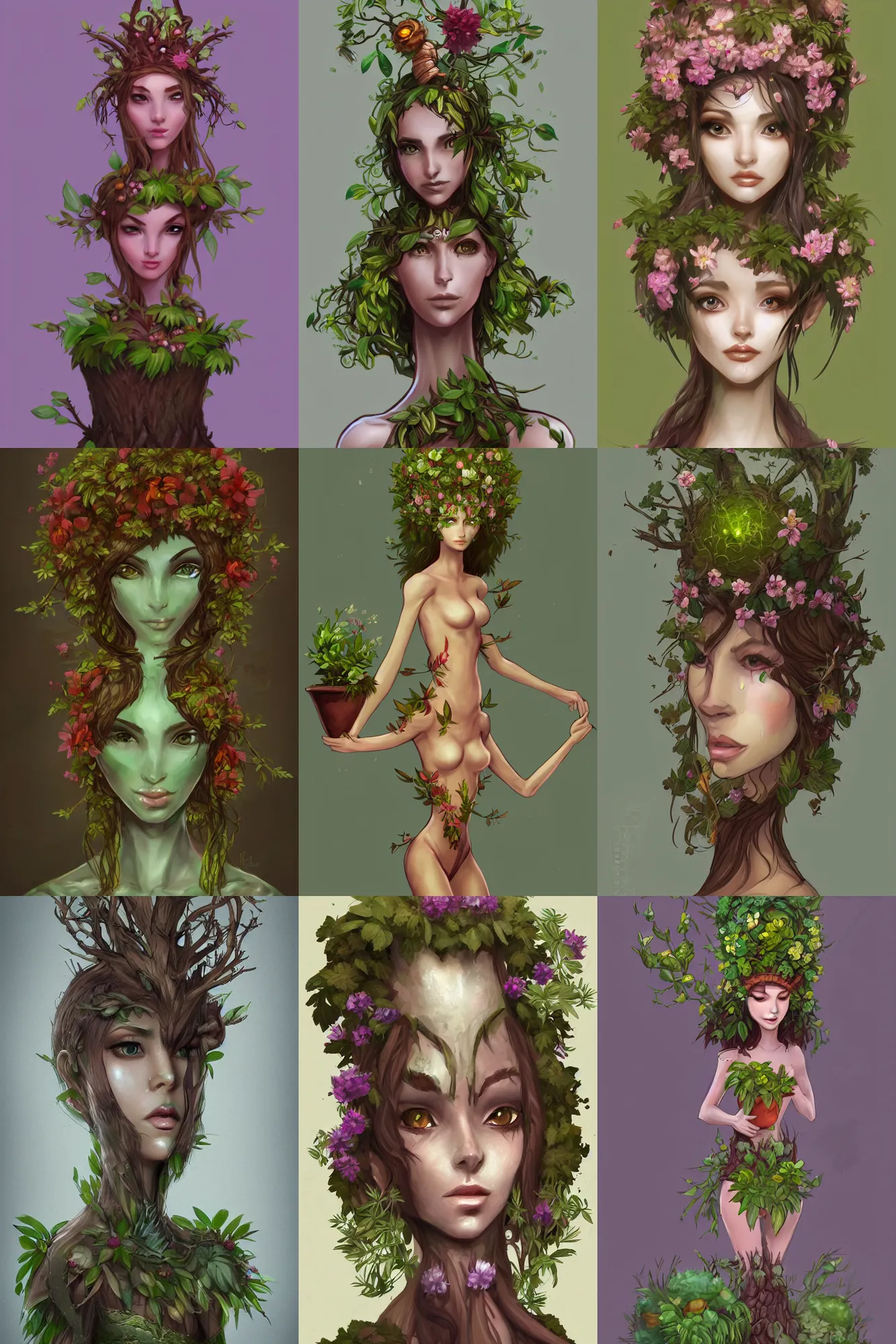 Prompt: character concept art of an dryad, plant woman, pretty face, flower pot balanced on head, tranding on artstation