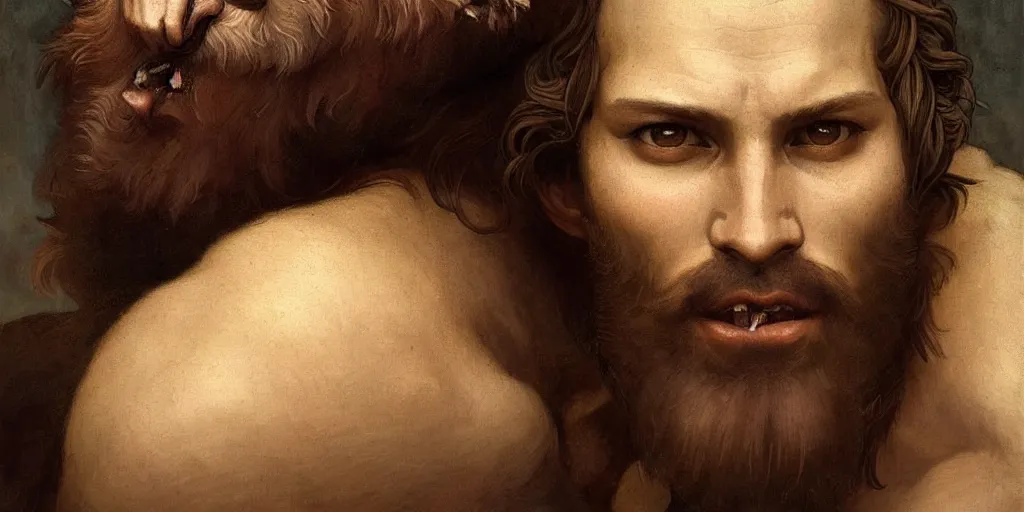 Prompt: renaissance painting portrait of a gruff ranger with a wolf, lean and toned, handsome face, hairy chest, Savage Worlds, intricate, elegant, highly detailed, digital painting, artstation, concept art, matte, sharp focus, illustration, art by da Vinci, Artgerm and Greg Rutkowski and Alphonse Mucha