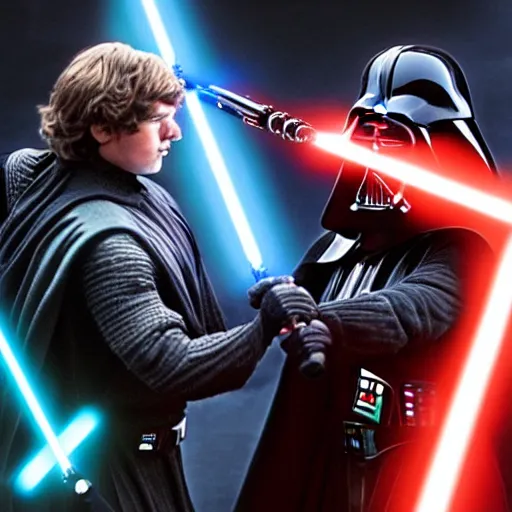 Image similar to darth vader lightsaber duel against anakin skywalker, dramatic lighting, epic scene