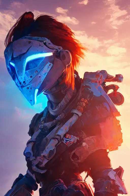 Image similar to combination suit armor aloy horizon forbidden west horizon zero dawn radiating a glowing aura global illumination ray tracing hdr fanart arstation by ian pesty and alena aenami artworks in 4 k tribal robot ninja mask helmet backpack