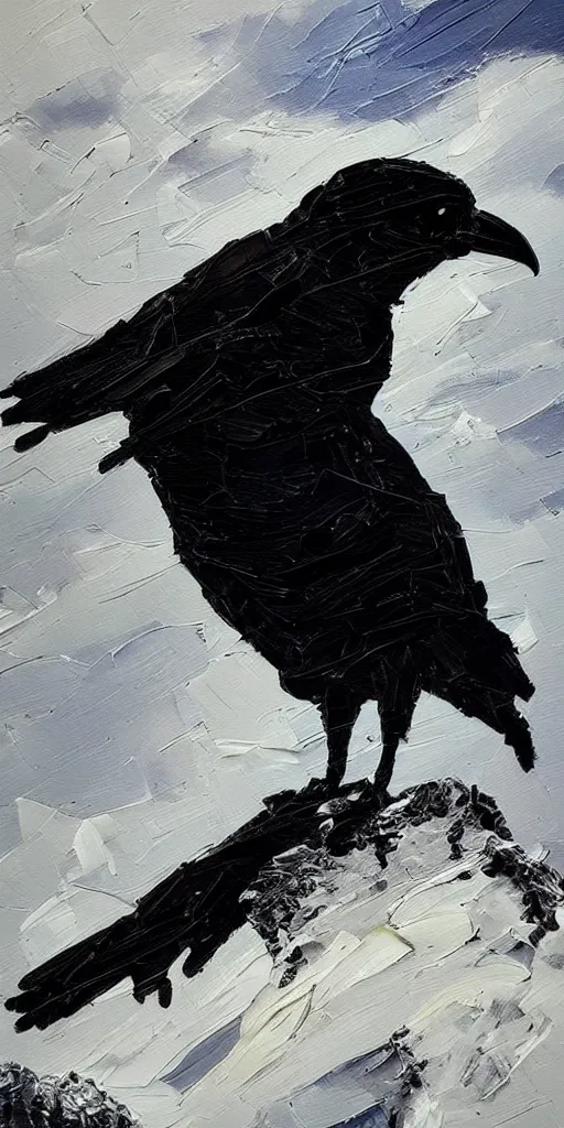 Prompt: an abstract oil painting of a crow on top of a dark winter mountain; hyper-detailed; an extraordinary masterpiece!!!; flawless; trending on artstation