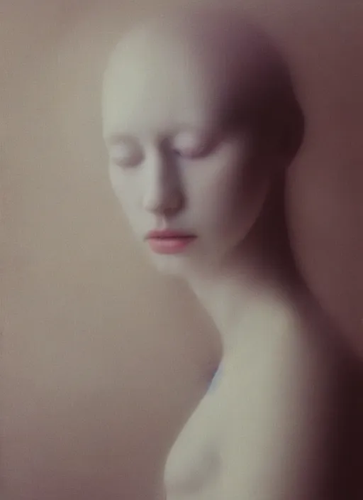 Prompt: out of focus photorealistic portrait of a beautiful!!! aesthetic!!! pale young woman by sarah moon, very blurry, translucent white skin, closed eyes, foggy