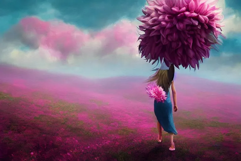 Image similar to giant dahlia flower as the head, girl walking on mountain, surreal photography, pink storm clouds, dramatic light, impressionist painting, digital painting, artstation, simon stalenhag