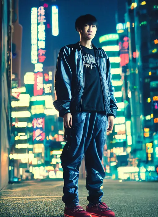Image similar to High sneakers cyberpunk japanese, blue hour, twilight, cool, portrait, Kodachrome, ISO1200,