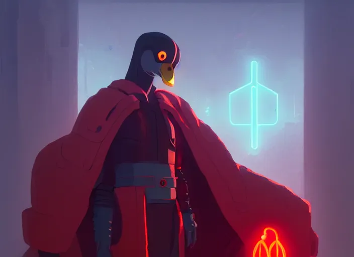 Image similar to cyberpunk mallard duck wearing red cultist robe, details, futuristic, epic, sacrificial altar, landscape illustration concept art anime key visual trending pixiv fanbox by wlop and greg rutkowski and makoto shinkai and studio ghibli and kyoto animation symmetrical facial features