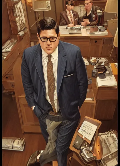 Image similar to portrait of Rich Sommer as Harry Crane in Mad Men (2007), intricate, highly detailed, centered, digital painting, artstation, concept art, smooth, sharp focus, illustration, artgerm, donato giancola, Joseph Christian Leyendecker, WLOP, Artgerm