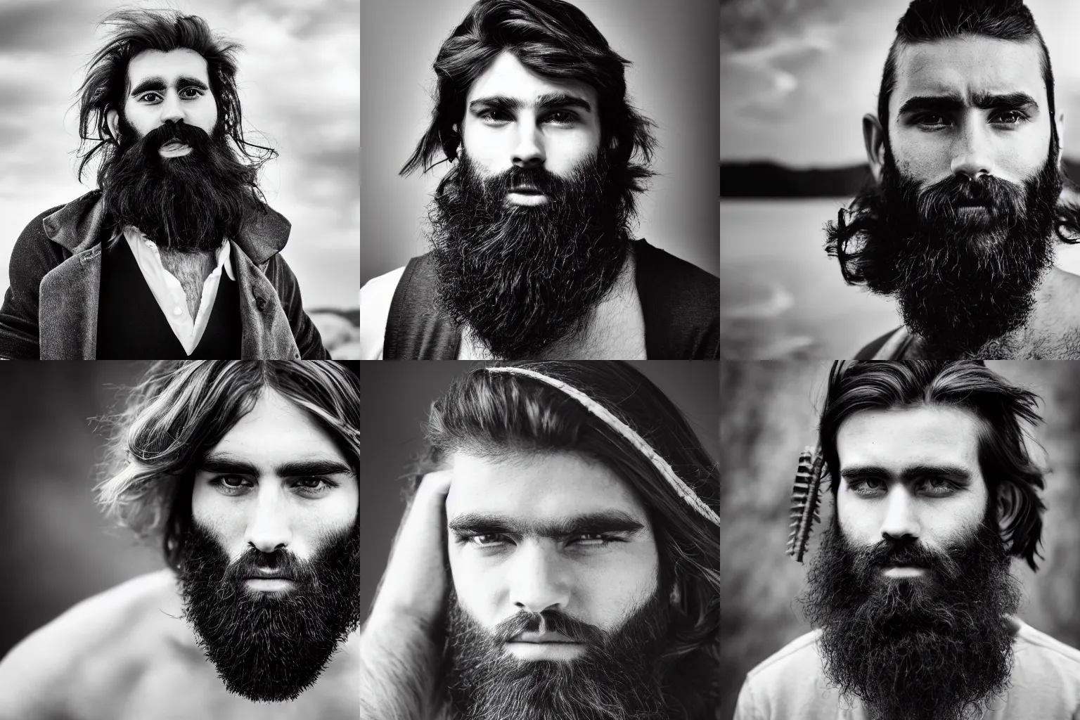 Prompt: portrait of a young bearded Frontarian man with characteristic hairstyle, black and white photography, 4K