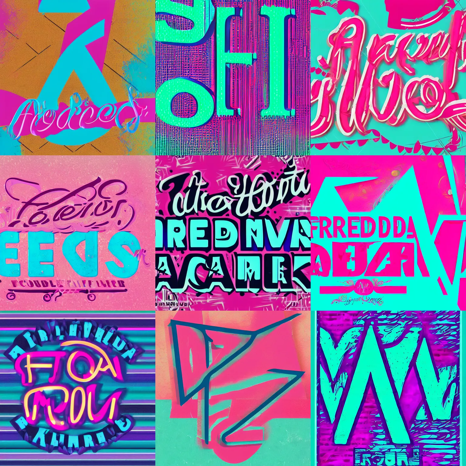 Prompt: typographic text for FREDDIE!, magenta and cyan lettering, bright colors, typography graphic design