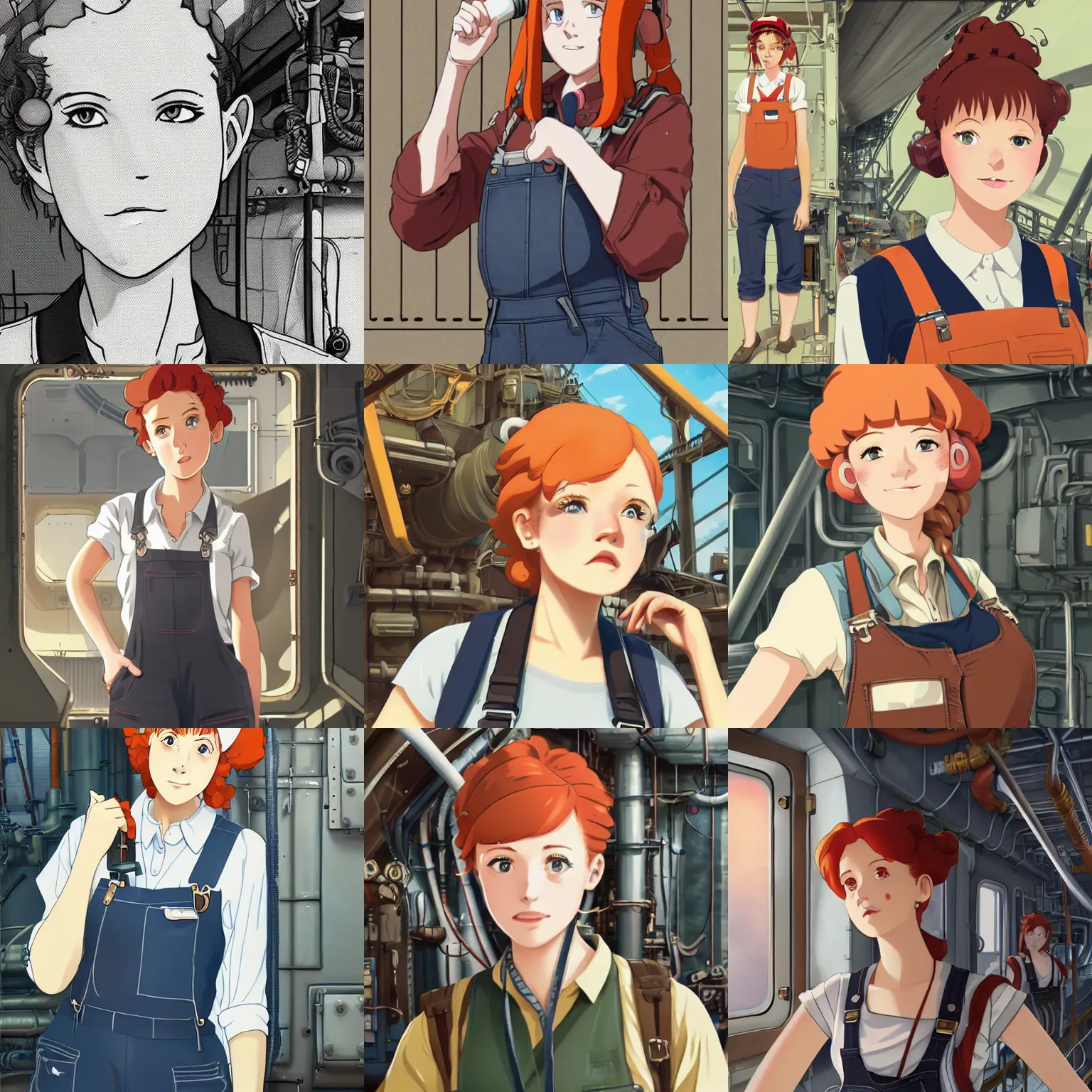 Prompt: Portrait of a tank top and dungaree-clad redheaded female airship engineer working in the lower deck of a ship, dieselpunk, defined facial features, highly detailed, artstation, official artbook, official Kyoto Animation and Studio Ghibli anime screenshot