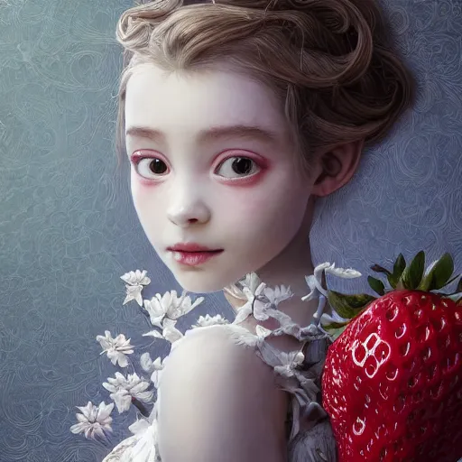 Image similar to the portrait of an absurdly beautiful, graceful, elegant, sophisticated, fashionable little girl made of strawberries and white petals looking down, an ultrafine hyperdetailed illustration by kim jung gi, irakli nadar, intricate linework, bright colors, octopath traveler, final fantasy, unreal engine 5 highly rendered, global illumination, radiant light, detailed and intricate environment