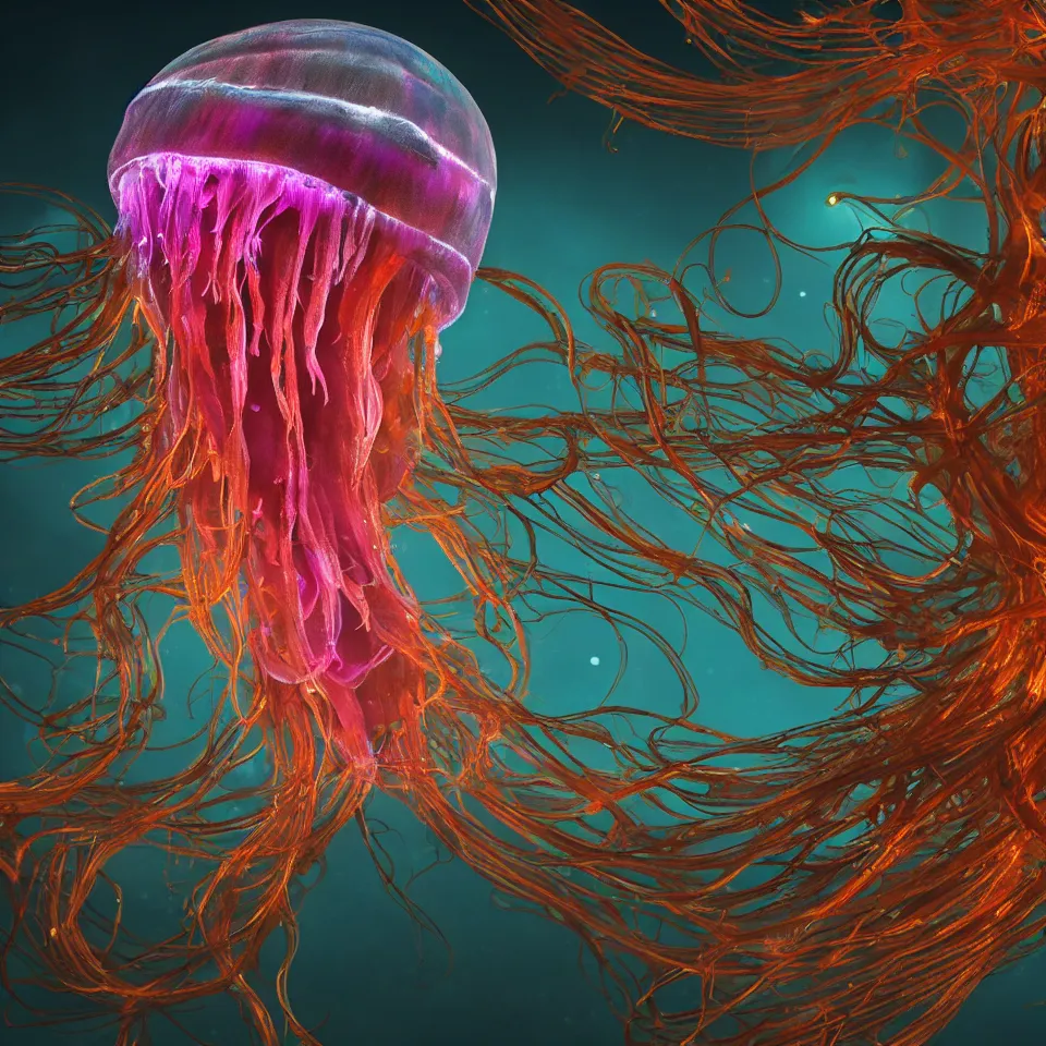 Prompt: a beautiful exquisite hyper detailed rendering of a bioluminescent jellyfish with flowing tendrils, vivid deep colors, scifi, realistic, octane render, vray render,