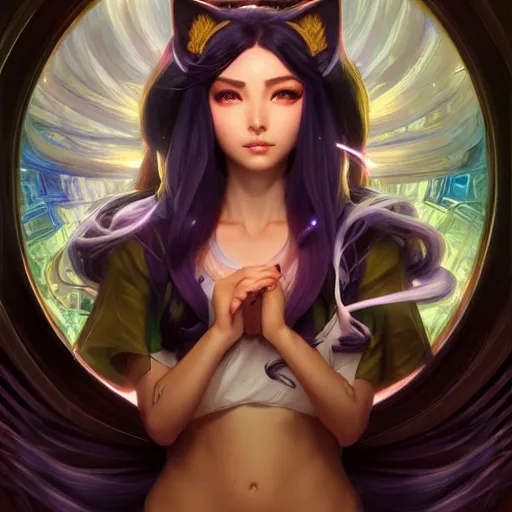 Image similar to perfectly - centered - portrait of ahri from league of legends, intricate, highly detailed, digital painting, artstation, concept art, smooth, sharp focus, illustration, unreal engine 5, 8 k, art by artgerm and greg rutkowski and alphonse mucha