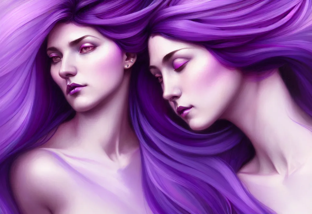 Image similar to Purple hair relistic Portrait of a two woman with bright colored flying hair, all shades of purple. Beauty face, Hair coloring, fantasy, intricate, elegant, highly detailed, digital painting, artstation, concept art, smooth, sharp focus, illustration, art by artgerm and greg rutkowski and alphonse mucha