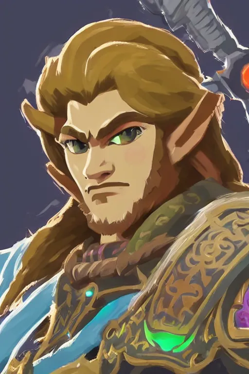 Image similar to an in game portrait of ganondorf from the legend of zelda breath of the wild, breath of the wild art style.