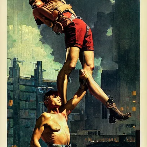 Image similar to the replicant sapper morton from blade runner lifts someonegrandmother above his head just to show how strong he is, painted by norman rockwell and tom lovell and frank schoonover