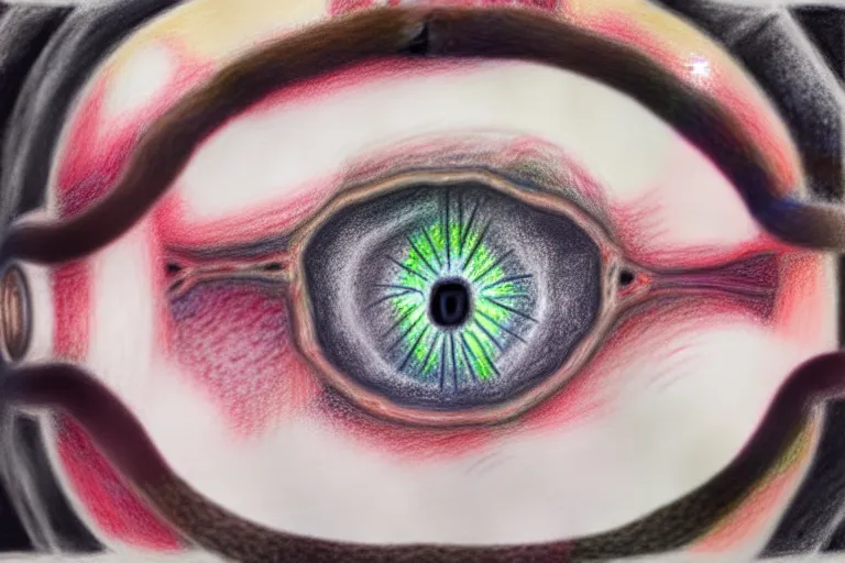 Image similar to a pastel drawing of horrific depiction of eye surgery, eyes of a person.