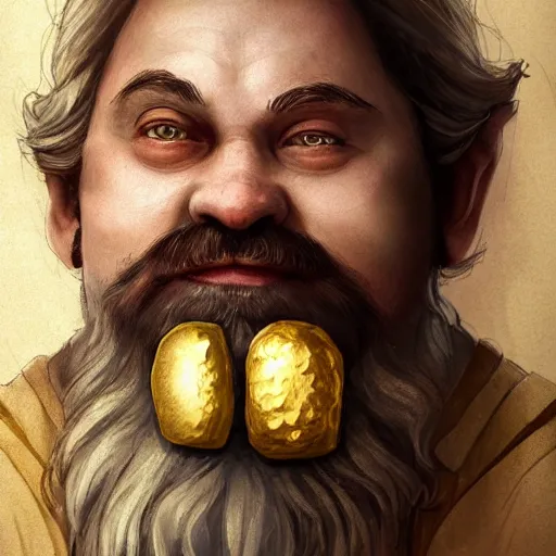 Prompt: symmetrical portrait of a happy dwarf showing off the giant gold nugget, realistic, beautiful, fantasy art, dnd, lord of the rings, style of charlie bowater, concept art, sharp focus, ray tracing