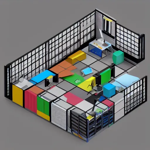 Image similar to isometric room 3 d model, realistic, detailed, crowded, neat