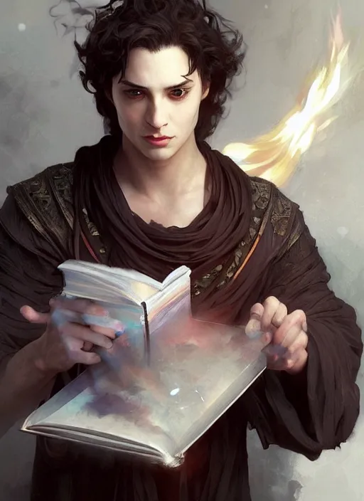 Prompt: character concept portrait of an attractive young Spanish wizard with white skin conjuring a fire spell, a floating iridescent spell book in the center, intricate, elegant, digital painting, concept art, smooth, sharp focus, illustration, from Metal Gear, by Ruan Jia and Mandy Jurgens and William-Adolphe Bouguereau, Artgerm