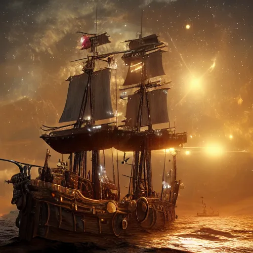 Image similar to a pirate ship with galaxies in the sky ,highly detailed, 4k, HDR, award-winning, artstation, octane render