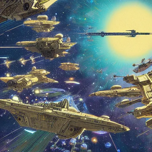 Prompt: an epic space battle between hundreds of starships, digital painting by moebius, daniel taylor, and studio ghibli