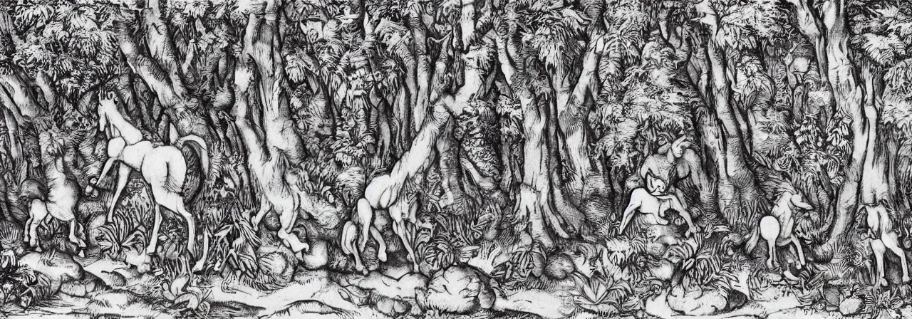 Prompt: Elaborate wallpaper print of My Little Pony in the clearing of a sacred grove in the style of Albrecht Durer and Martin Schongauer, high contrast finely carved woodcut black and white crisp edges