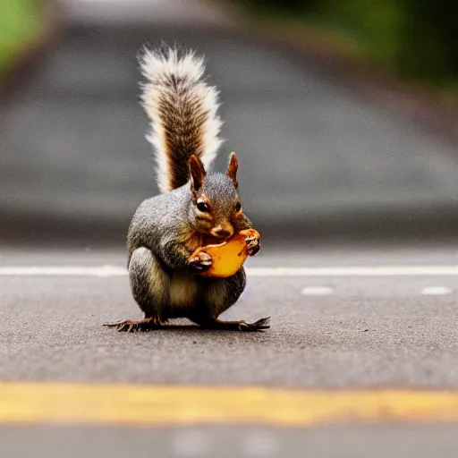 Prompt: a squirrel crossing a road with a doughnut stuck around it's head, detailed photography, close up nature