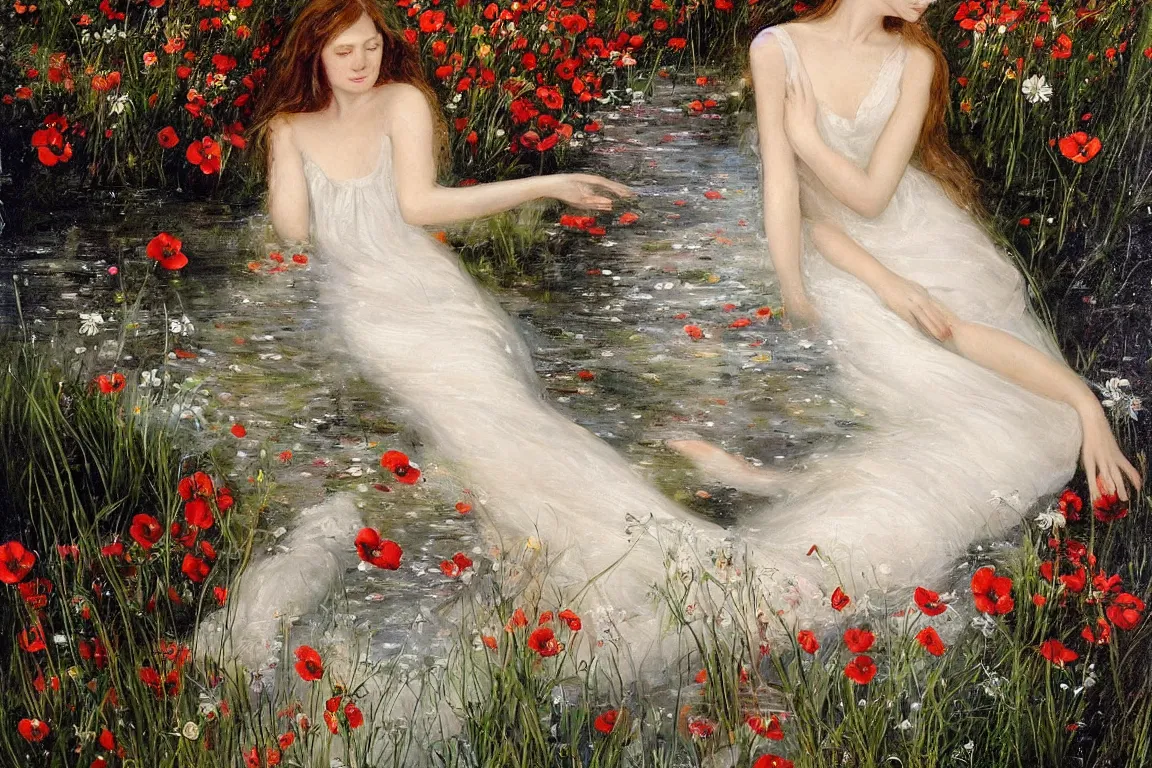 Prompt: Beautiful woman lying in a water stream. Flowers in hand. white dress, light red long hair. Apathetic, pale. Poppies means death, daisies innocence and pansies love in vain.The painting was regarded in its day as one of the most accurate and elaborate studies of nature ever made. The background was painted from life by the Hogsmill river in Surrey. Naturalistic. Painting by John Everett Millais.