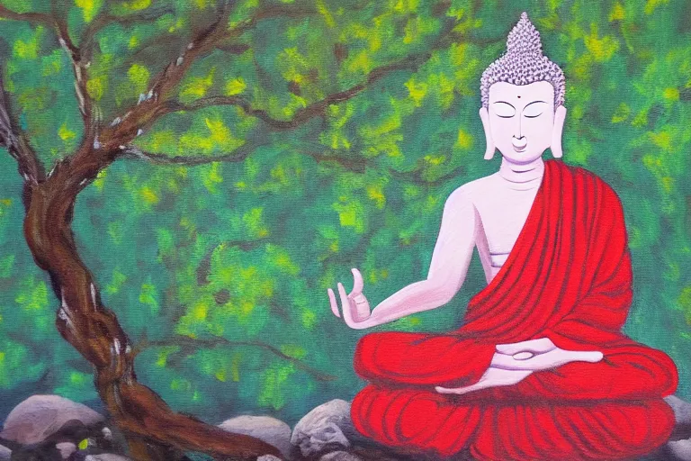 Image similar to painting of a peaceful buddha meditating under a tree, acrylic art, calm, soothing, cosy, elegant, soft light,